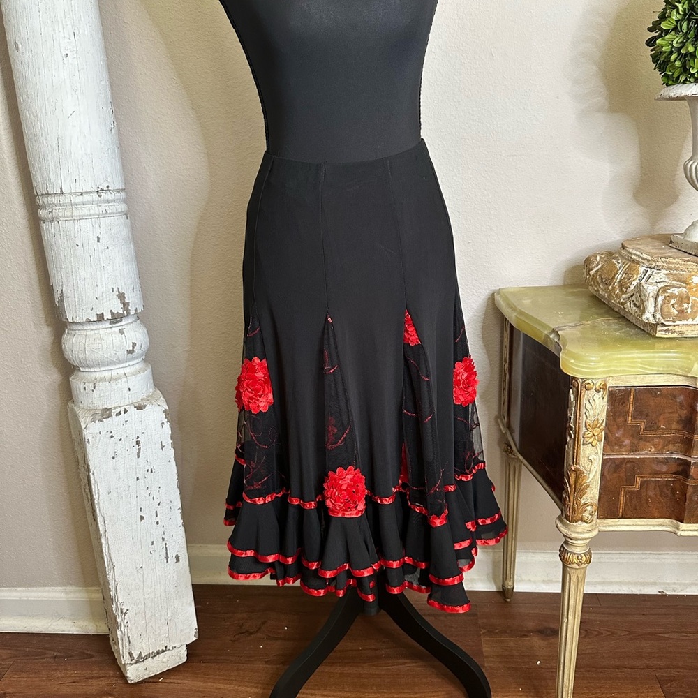 Black and Red Ruffled Midi Skirt